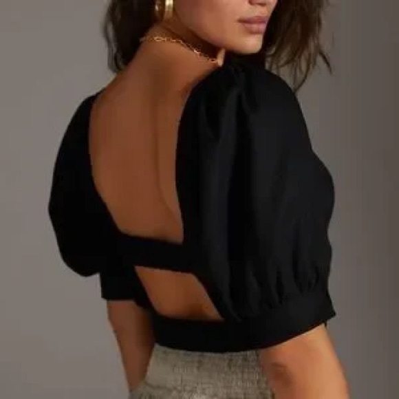 Anthropologie Linen Blend V Neck Cutout Crop Top Black Open Back Size XS - Picture 2 of 10